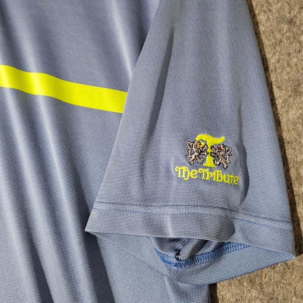FootJoy FJ Mens Golf Polo Shirt Size L Blue Yellow Stripe The Tribute Patch - Picture 2 of 7